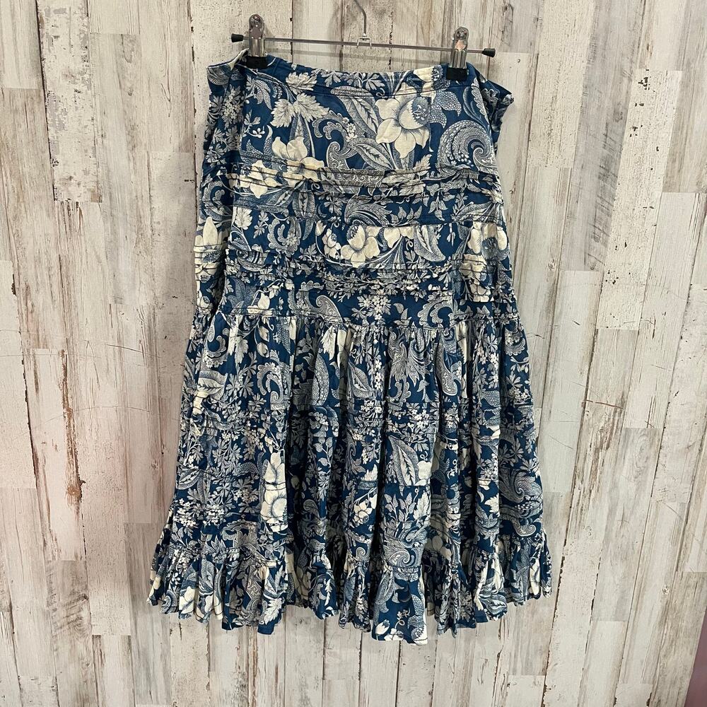Lauren Ralph Lauren *FLAW Tiered Blue Floral Cotton Midi Full Skirt 4 Boho